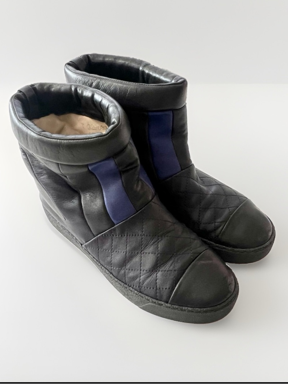 Chanel Vintage Black Navy Quilted Leather High Top Sneakers Shoes 37.5